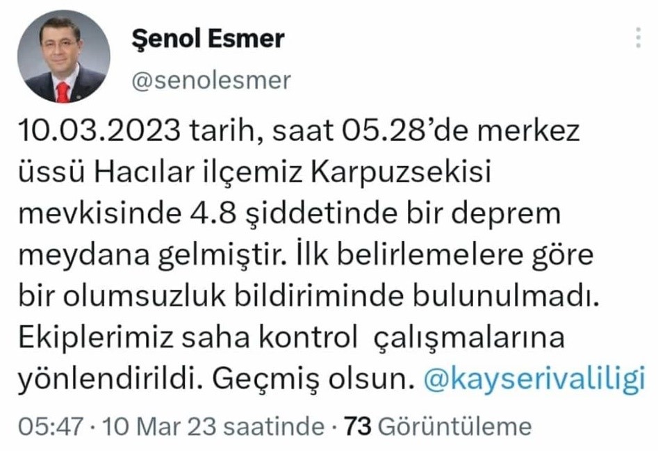 Kayseri 4.8 şiddetindeki depremle sallandı