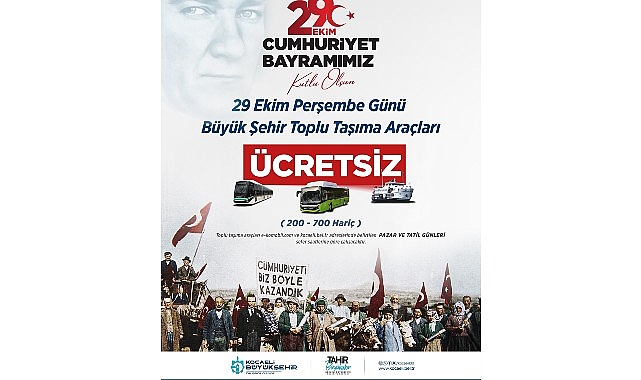 Kocaeli'de 29 Ekim'de toplu ulaşım ücretsiz