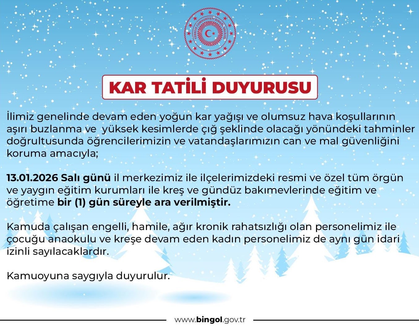 Bingöl’de eğitime 1 gün ara verildi
