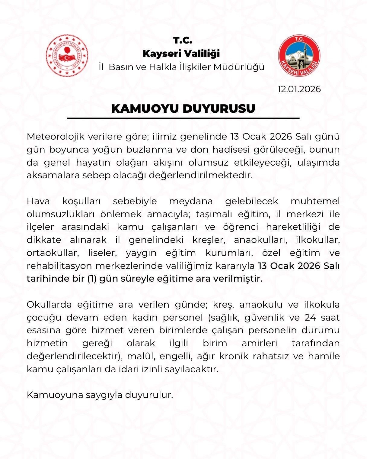 Kayseri’de eğitime 1 gün ara verildi
