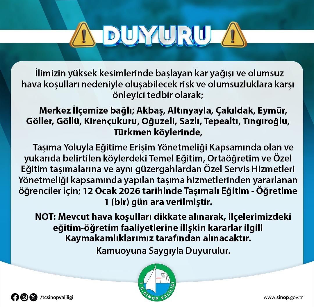Sinop’ta taşımalı eğitime kar engeli
