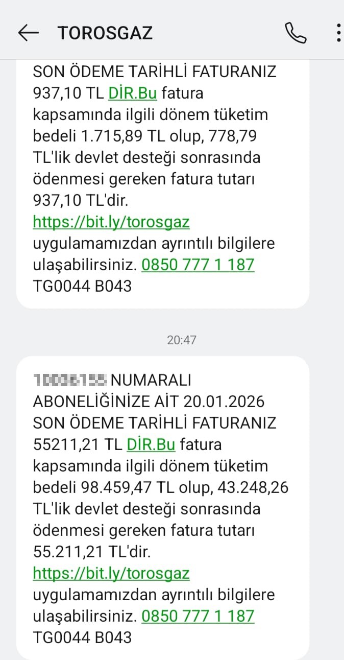 Torosgaz’dan 150 metrekarelik eve 98 bin liralık doğalgaz faturası
