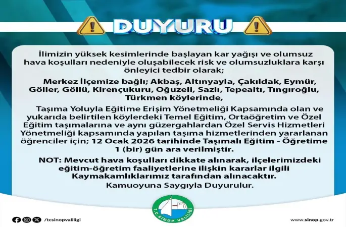 Sinop’ta taşımalı eğitime kar engeli
